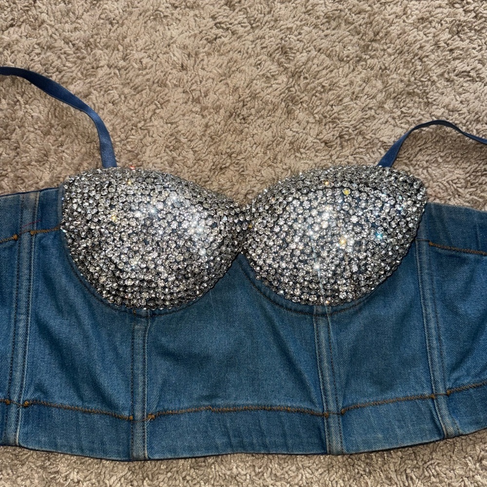 Denim and Silver Embellished Women's Top